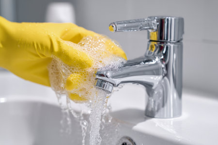 A hands-on cleaning scene in a spotless white bathroom, where a person in bright yellow gloves scrubs a glaming chrome fixture with a foamy sponge beneath flowing wの写真素材