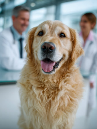 A joyful retriever sits calmly as two caring veterinarians offer gentle assistance in a sleek, state-of-the-art clinic, radiating warmth and professionalism.の写真素材