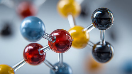 Vibrant scientific illustration showing a complex molecular framework, where vivid spheres symbolize atoms interconnected by clear rods, emphasizing chemical inteの写真素材