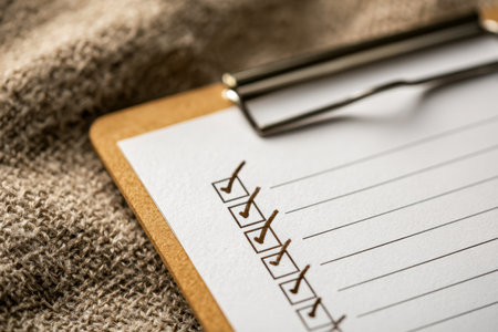 A neatly arranged checklist with check marks rests on a textured fabric surface, conveying effective planning and the achievement of goals.の写真素材