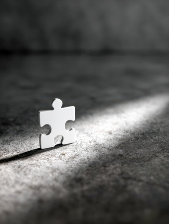A solitary white piece rests on a rough surface, bathed in a focused beam of light that highlights themes of clarity, progress, and uncovering solutions amid darknessの写真素材