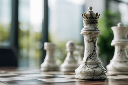 A sophisticated marble chess set displayed on a polished wooden board, highlighted by a regal crowned king amid a sleek, bright contemporary interior.の写真素材