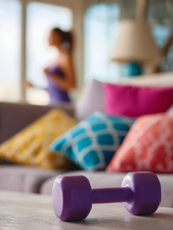 A vibrant workout scene featuring a striking purple dumbbell resting on a rustic wooden surface,...