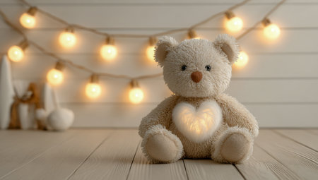 A cuddly plush bear rests on aged wood, its chest illuminated by a gentle, glowing heart, complemented by twinkling string lights that evoke feelings of warmth and aの写真素材