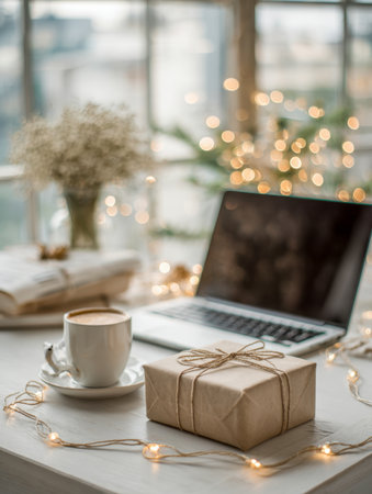 Warm ambient lighting, a thoughtfully wrapped present, and a hot beverage foster a comforting space perfect for focused work or peaceful downtime.の写真素材