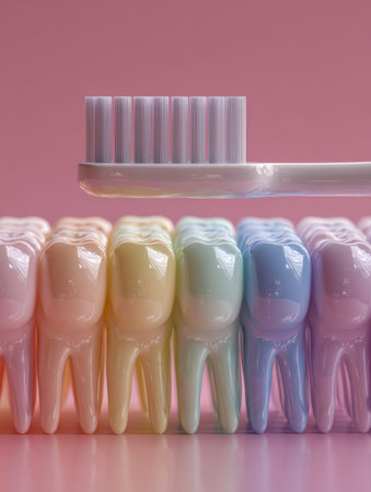 Vibrant, shiny dental replicas aligned neatly beneath a brushing motion, set against a gentle pink...