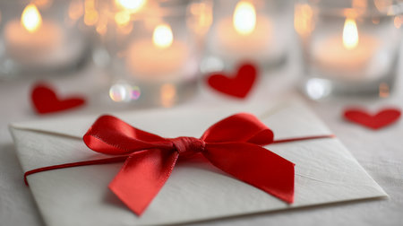 A pristine white envelope adorned with a striking red bow rests amidst tiny red hearts, illuminated by soft candlelight, evoking intimacy and heartfelt devotion.の写真素材