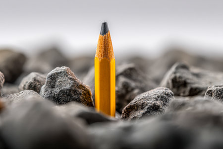 A vibrant yellow pencil, precisely pointed, emerges upright amid jagged gray rocks, embodying perseverance and the spark of inspiration in rugged settings.の写真素材
