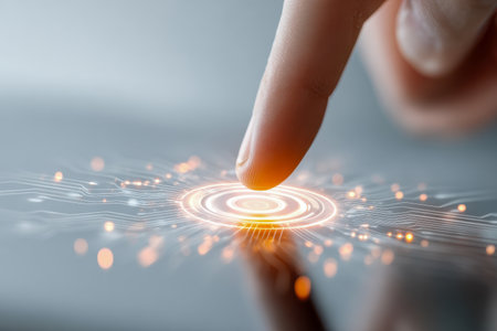 A single fingertip presses a sleek, illuminated panel embedded with vibrant orange circuits, representing cutting-edge tech engagement and seamless digital control.の写真素材