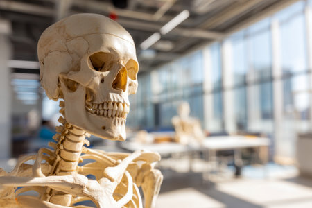 A detailed human skeleton replica stands illuminated by natural light in a modern, airy classroom featuring ample window space and teaching tools for biology studentの写真素材