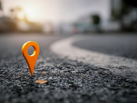 An eye-catching orange map pin is placed on rough asphalt beside a gently curving white lane, illuminated by gentle daylight with a softly blurred outdoor backdrop.の写真素材