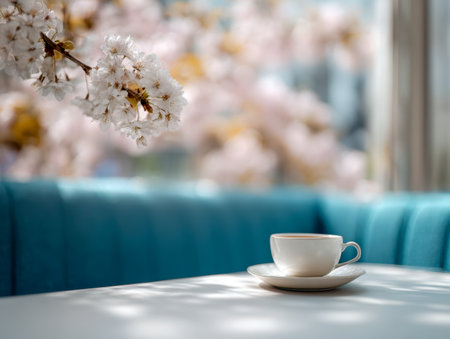 A delicate white ceramic cup resting on a matching saucer, set on a wooden table beside a sunlit window, framed by vibrant cherry blossoms and surrounded by calmingの写真素材