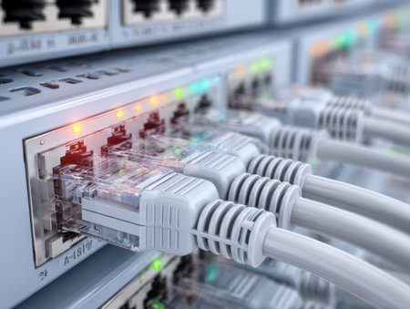 A close-up of a modern network device featuring numerous Ethernet connectors with firmly attached...