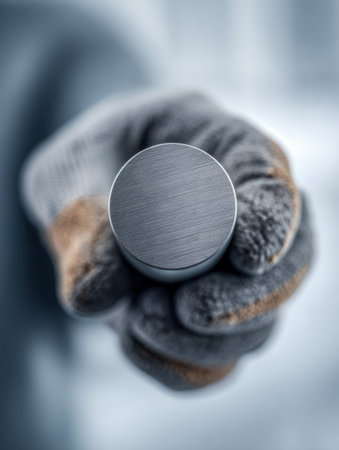 A worker's gloved hand grips a sleek, matte-finished metal cylinder, set against a chilled, industrial backdrop highlighting craftsmanship and precision.の写真素材