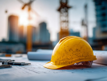 A safety helmet placed atop detailed plans amid a vibrant sunset backdrop, highlighting ongoing city expansion with cranes and skyline in soft focus.の写真素材