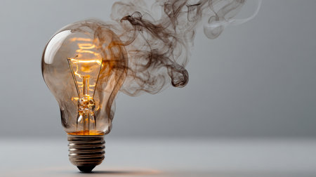 A luminous vintage filament bulb with tendrils of curling smoke rises gently, set against a plain gray backdrop, evoking inspiration or a transient technical glitch.の写真素材