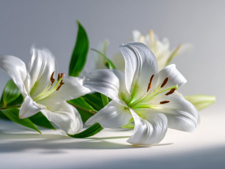A graceful bouquet of pristine white lilies intertwined with lively green leaves, set against a subtle backdrop that accentuates their tender petals and intricate stの写真素材