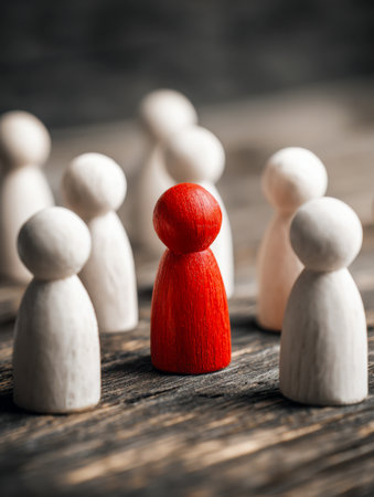 A bold crimson figure contrasts sharply among plain white counterparts, symbolizing uniqueness, strength, and the essence of inspiring leadership on a textured wooden bacの写真素材