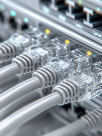 A sleek network hub features multiple cables plugged into it, with vibrant illuminated signals...
