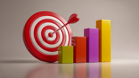 A vibrant red and white precision target with an arrow perfectly centered, positioned alongside a vivid, upward-trending bar chart representing achievement and business eの写真素材