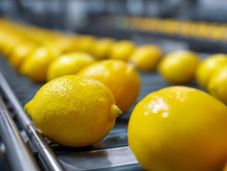 Vibrant yellow citrus fruits glide along a sleek conveyor system in a state-of-the-art processing plant, illuminated brightly to ensure impeccable quality and neat pの写真素材
