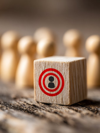 A tactile wooden block features a vivid red marker and person silhouette, encircled by soft-focused figurines, emphasizing concentration, guidance, and growth aspiraの写真素材