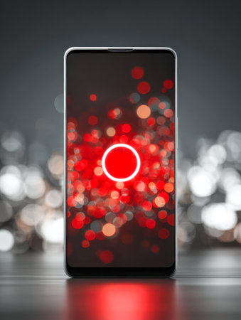 A contemporary mobile device displays a striking red ring pattern on its screen, set amidst lively red and white light orbs in a sophisticated dark environment.の写真素材