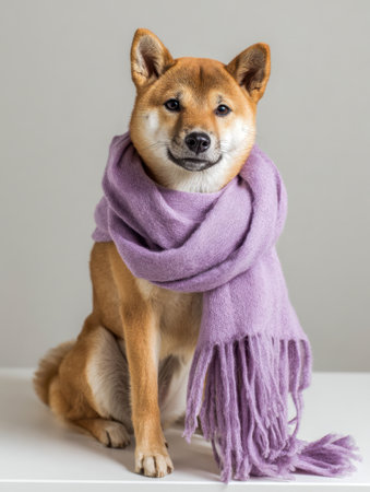 A peaceful Shiba Inu relaxes against a plain backdrop, adorned with a warm, lilac knitted wrap, exuding tranquility and charm under gentle lighting.の写真素材