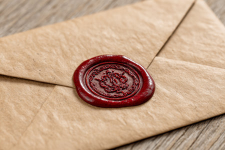 An aged parchment-like envelope rests on rough wooden planks, secured by a crimson wax seal embossed with a vintage insignia, evoking timeless confidentiality and heritagの写真素材