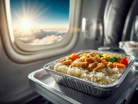 A cozy in-flight scene features a nourishing rice and vegetable dish on a tray, with a window view revealing a vibrant sunrise piercing through fluffy clouds.の写真素材