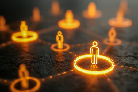 A vibrant glowing orange web of interconnected human figures emerges against a dark textured background, illustrating digital bonds and contemporary communication flow.の写真素材