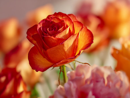 A striking orange blossom with intricate, velvety petals captures attention amid a gentle glow of blurred amber and rose hues, evoking warmth and serenity.の写真素材