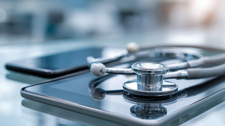 A sleek digital tablet paired with a stethoscope highlights advancements in remote patient monitoring and digital health solutions for the future of medicine.の写真素材