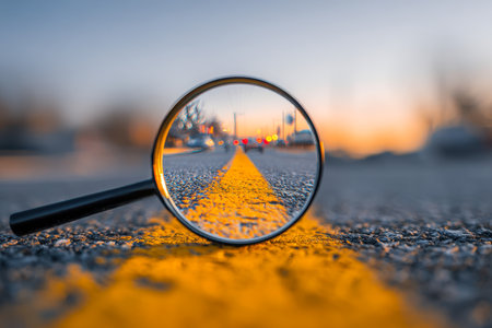 A close-up view of a magnifying lens highlighting a vivid yellow lane marking on asphalt, with a soft sunset glow illuminating the scene and blurred vehicles in the distaの写真素材