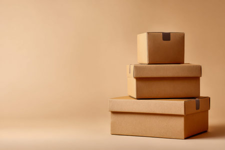 A trio of differently scaled, unadorned kraft boxes neatly layered against a soft beige backdrop,...