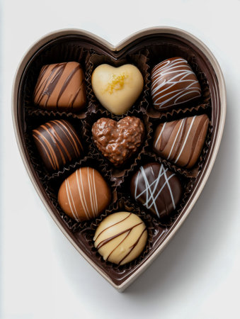 An elegant collection of handcrafted chocolates featuring intricate toppings and rich textures,...