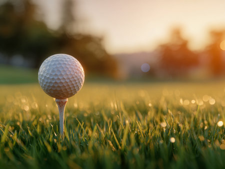 A perfectly positioned golf ball atop a wooden tee, set amidst vibrant grass blades, basking in gentle sunrise hues on a calm, peaceful morning.の写真素材