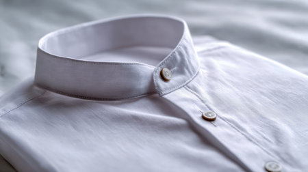 A pristine white shirt featuring a sleek mandarin collar and subtle button accents, perfectly arranged on a polished surface, embodying minimalist elegance and versaの写真素材
