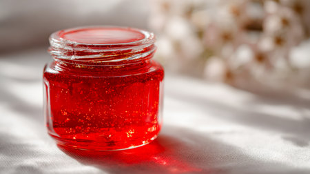 A delicate glass container brimming with glossy crimson preserves rests on plush fabric, its surface catching warm sunlight that reveals sparkling details and rich tの写真素材