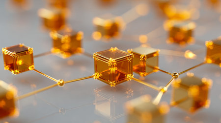 Muted golden geometric blocks interconnected on a sleek surface, radiating luminous reflections that...