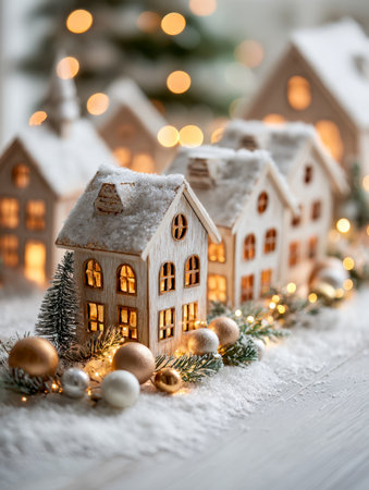 Delight in a charming winter tableau featuring tiny wooden dwellings blanketed in snow, their windows aglow with inviting warmth, embraced by lush pine bines and spaの写真素材