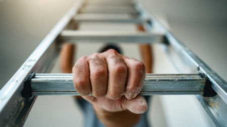 A determined climber's hands, marked with chalk, grasping a sturdy metal ladder as he prepares to ascend, exuding resilience and intense concentration from a low-angle vの写真素材