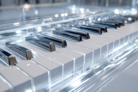 A sleek, see-through acrylic piano showcases shimmering black and white keys, bathed in gentle...