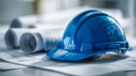 A safety helmet gently laid on detailed blueprints, with curled plans in the backdrop, highlighting...