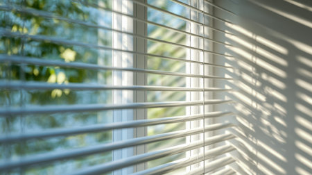 Warm sunlight filters through angled white slats, creating rhythmic shadows on a vivid wall,...