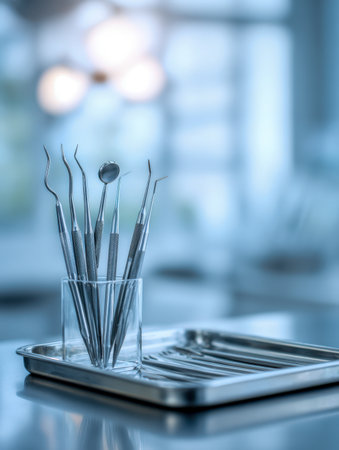 A precise collection of polished stainless steel instruments, neatly organized in a glass holder atop a sleek metal surface within a vibrant, contemporary dental spaの写真素材