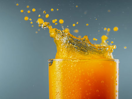 A lively eruption of vivid orange liquid escapes a glass, scattering energetic droplets across a...
