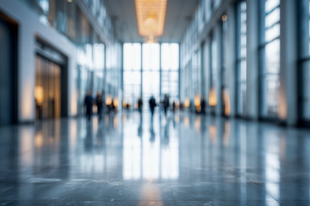 Dynamic figures move through an airy, contemporary interior featuring expansive glass walls and glossy flooring, illuminated by gentle daylight.の写真素材