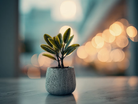 A vibrant green sprout rests in an intricately patterned ceramic container, set on a sleek table with gentle, amber-hued orbs creating a warm, inviting atmosphere.の写真素材