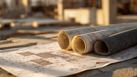 Detailed construction plans unfurled on aged wood, bathed in gentle sunlight that emphasizes precise lines, measurements, and architectural intricacies.の写真素材